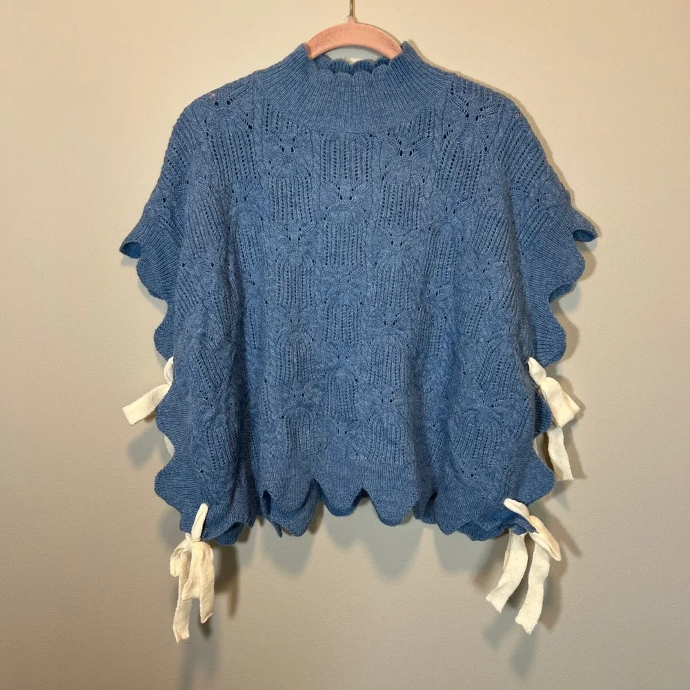 AnnieWear Los Angeles Blue Pointelle Knit Poncho Scalloped Side Tie Sweater L